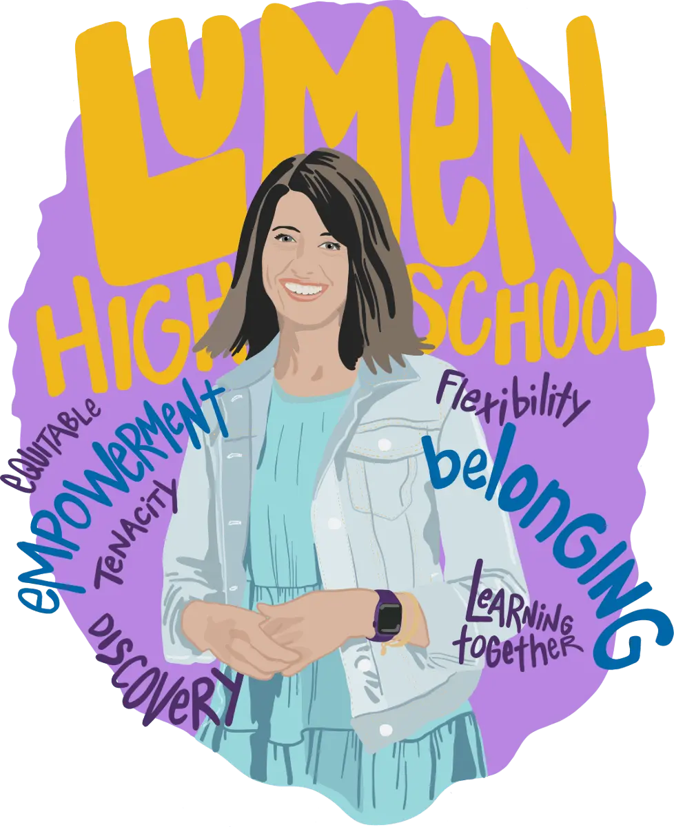 Lumen High School Illustration for portfolio page Illustration of school champion who helped Lumen High School thrive through COVID.